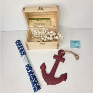 Nautical Decor Craft Lot Set with Anchor Wooden Treasure Chest Pearls Fabric